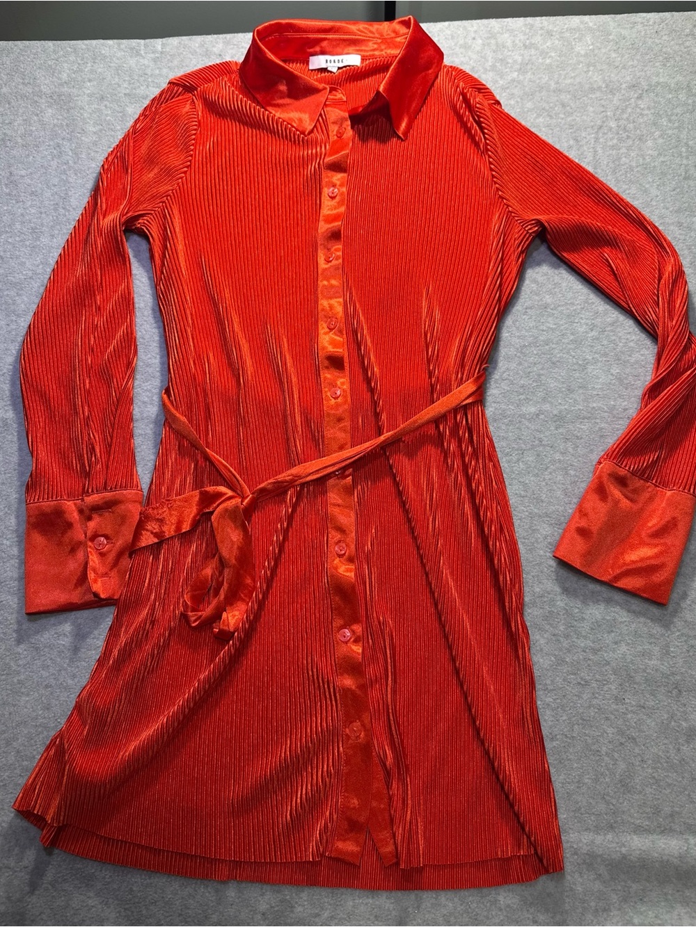 RO&DE Red Pleated Satin Shirt Dress Size Small Belted Midi Long Sleeve